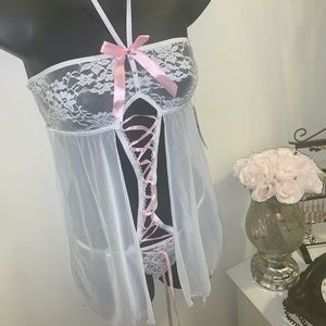 O/S Lace and Mesh Lingerie Onsie w/ satin trim.